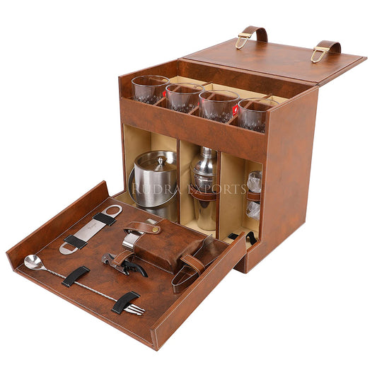 Rudra Exports Leatherette Portable Bar Box with Accessories Set & 4 Whisky Glasses I Travel Bar Set | Portable bar Set I Mini Bar for Home (Brown)