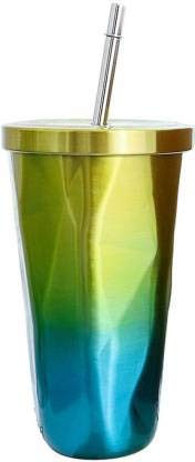 Rudra Exports Double Wall Vacuum Insulated Travel Stainless Steel Flask Tumbler with Steel Straw and Lid 550 Ml (Blue & Golden)