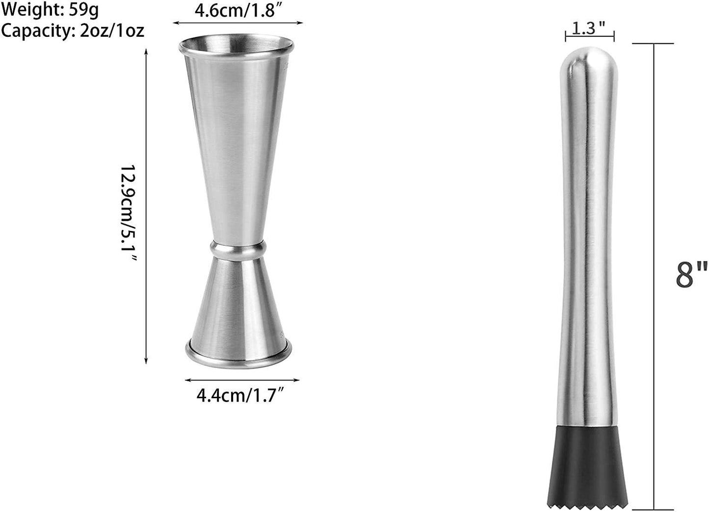 Rudra Exports Premium Cocktail Shaker with Stainless Steel Cobbler Shaker, Mixing Spoon, Muddler, 4 Pourers and Double Measuring Jigger : 8 Pcs