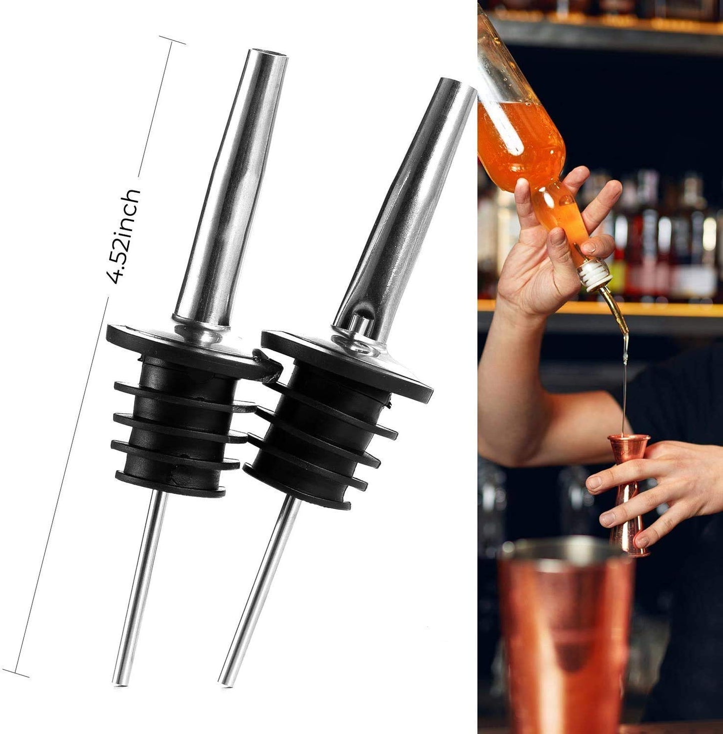 Rudra Exports Stainless Steel Cocktail Muddler Peg Measurer Jigger 30 and 60 ml, Liquor Bottle Pourers Mixing Spoons Ice Tongs 6 Pcs Set