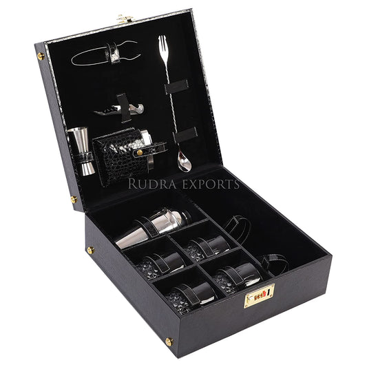 Rudra Exports Portable Leatherette Bar Set | Wine Case |Wooden Bar Set for Picnic | Travel Bar Set (Holds 01 Bottle & 04 Whisky Glasses) Black