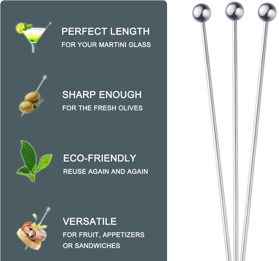 Rudra Exports Cocktail Picks 304 Stainless Steel Martini Olive Skewers Reusable Sticks Toothpicks Fruit Stick - 4.3 Inches, 50 Pcs (Small Ball)
