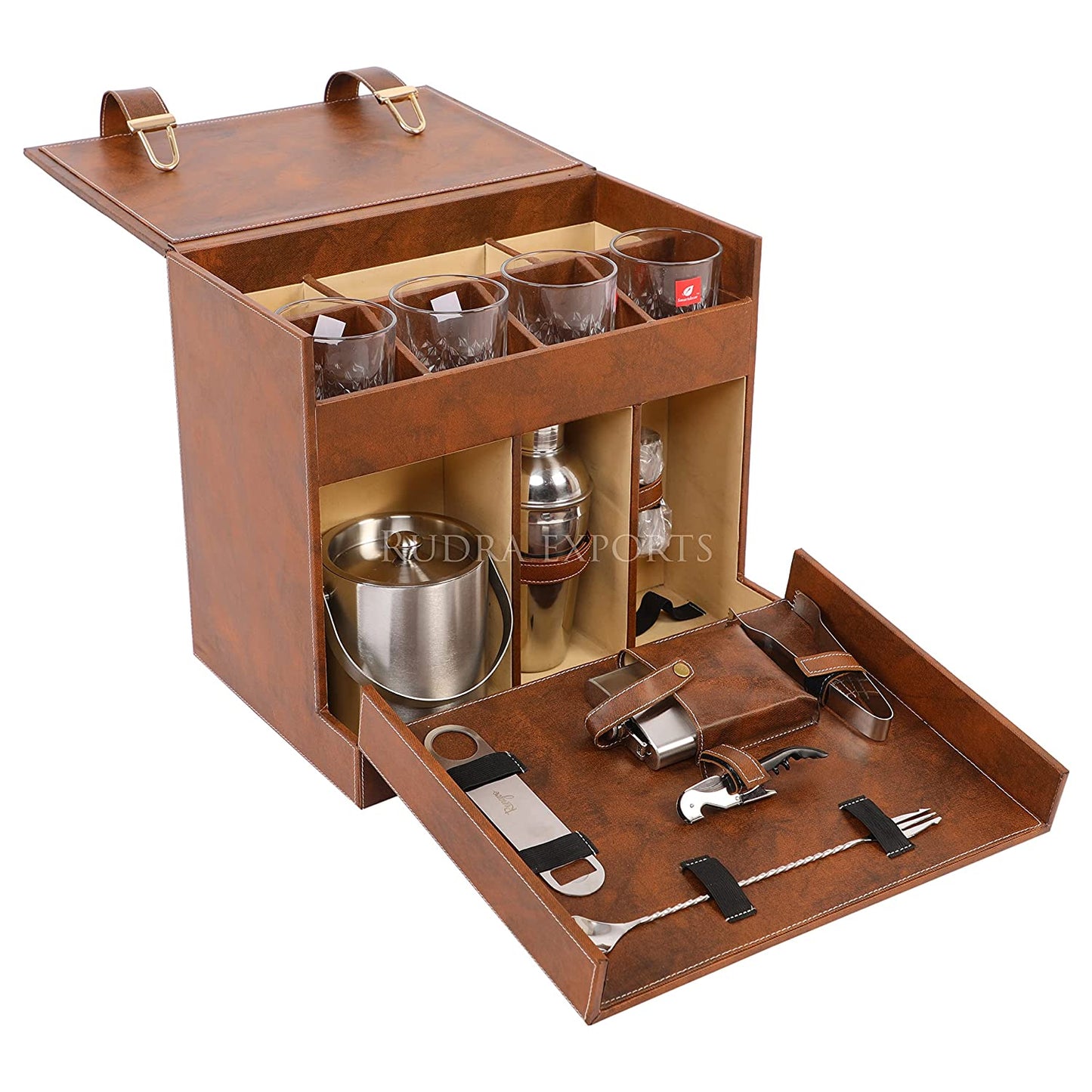 Rudra Exports Leatherette Portable Bar Box with Accessories Set & 4 Whisky Glasses I Travel Bar Set | Portable bar Set I Mini Bar for Home (Brown)