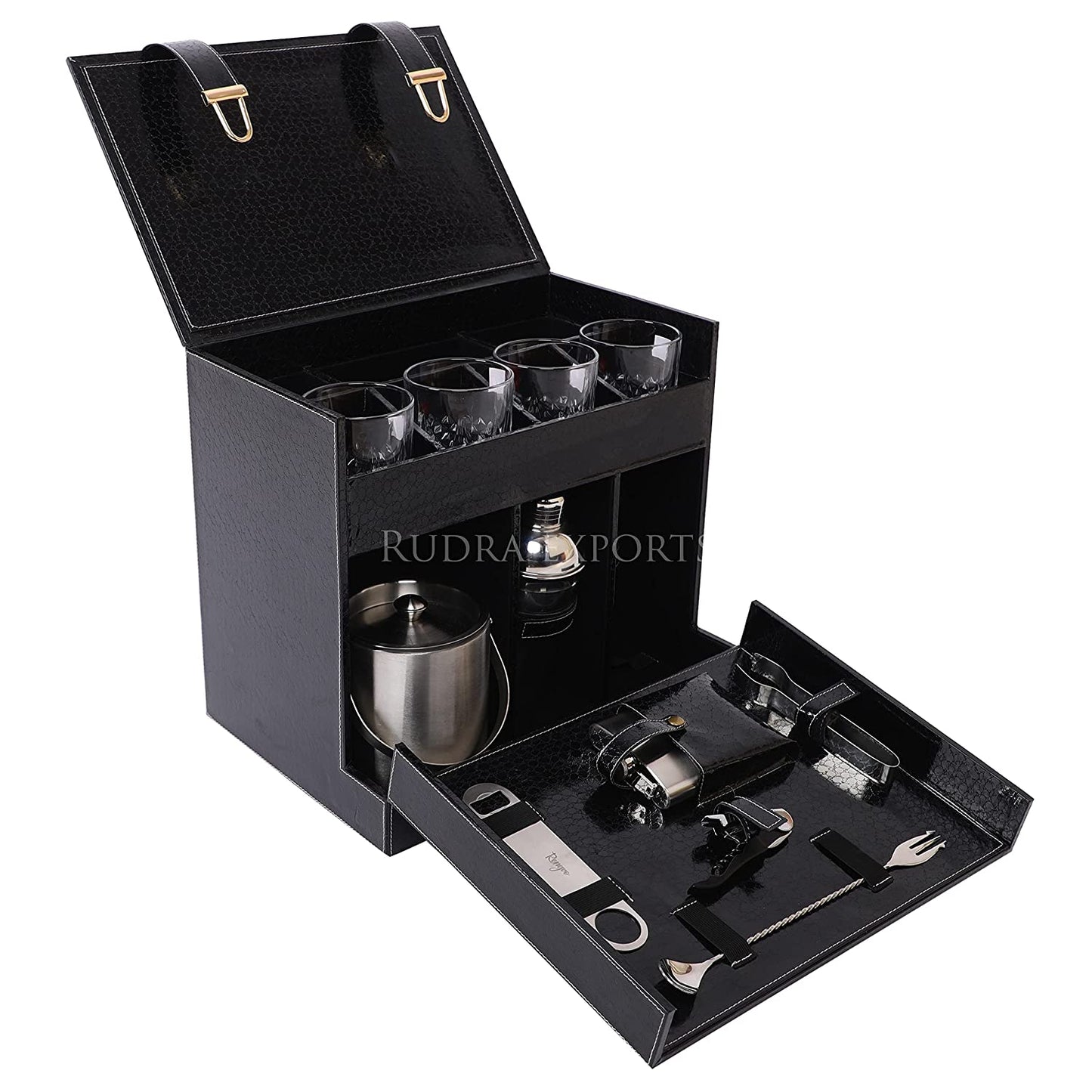 Rudra Exports Portable Bar Set, Travel Bar Set, Leatherette Portable Bar Box with Accessories Set & 4 Whisky Glasses | Mini Bar for Home (Black)