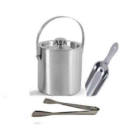 Rudra Exports Stainless Steel Ice Bucket with Ice Tong and ice Scoop Bar Accessories (1.5 LTR) Set of 3