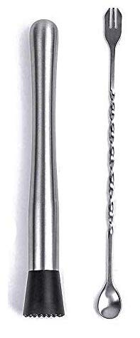 Rudra Exports Cocktail Muddler 8" and Fork Spoon Set Bar Cocktail Muddler Long Spiral Handle to Create Refreshing Drinks Cocktail Spoon 2 Pcs