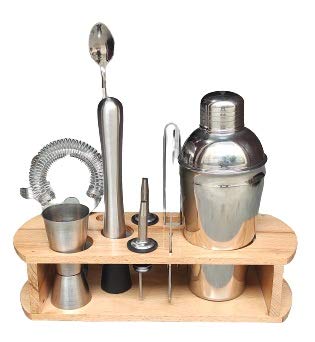 Rudra Exports Wooden Stand Bar Sets Stainless Steel Bar Set Bartender Tools Cocktail Shaker Set (10 Pieces)