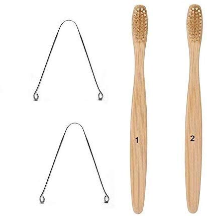 Rudra Exports Organic plant based Biodegradable Eco-Friendly Bamboo Toothbrush with Steel Tongue Cleaners for Men and Women: 4 Pcs