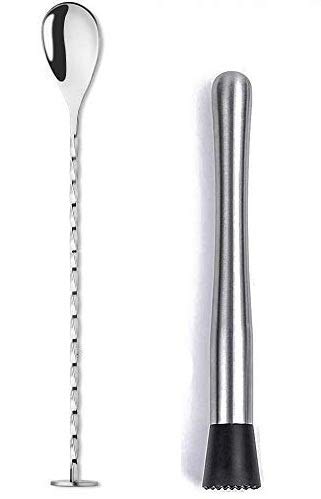 Rudra Exports Cocktail Muddler 8 inch and Mixing Spoon Set Bar Cocktail Muddler Set Long Spiral Handle to Create Refreshing Drink 2 Pcs