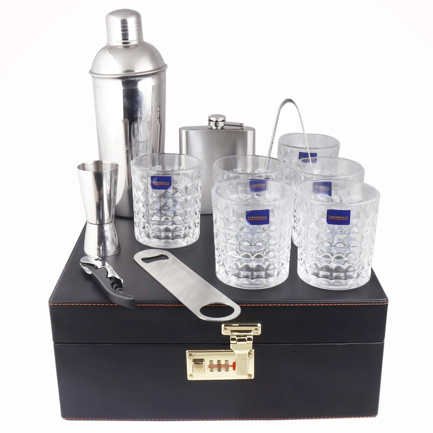 Rudra Exports Leatherette Bar Set |Premium Bar Set  Handy Portable Leatherette Bar Set for car, Travel Bar Set | 6 Whiskey Glasses (Black)