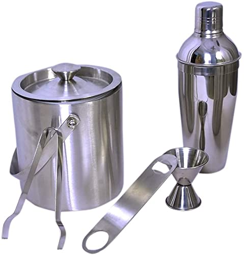 Rudra Exports 5 Piece Bar Set (Large) - Cocktail Shaker, Ice Tong, Ice Bucket, Peg Measure and Bottle Opener