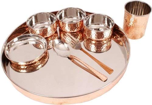 Rudra Exports Steel Copper Hammered Dinner Set, Thali Set 7 Pieces, Dinnerware, Diameter 13" Inch (Brown)