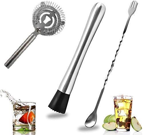 Rudra Exports Stainless Steel Cocktail Muddler Set, Spiral Fork Mixing Spoon & Cocktail Bar Strainer, Home Bar Bartender's Muddling Tool Set: 3 Pcs Set