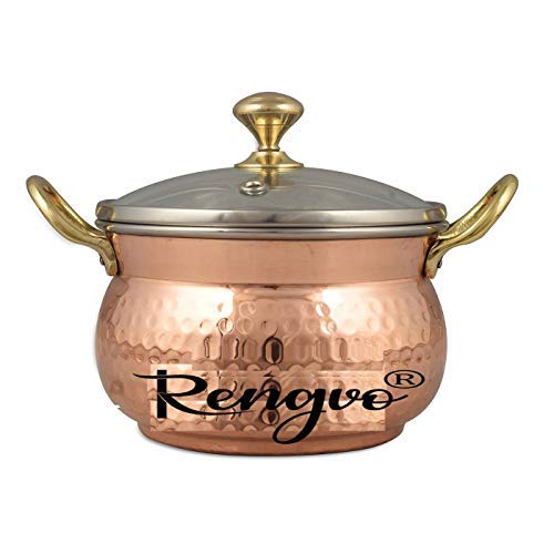 Rudra Exports Pure Copper Steel Royal Dahi Handi with Glass Lid for Serving Curries Dishes Hotelware Serveware 500 ml