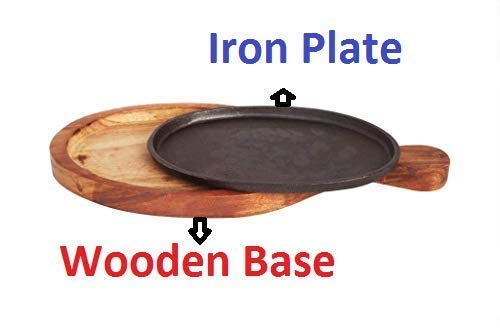 Rudra Exports 9 Inch Oval Sizzler Plate with Wooden Base and Handle - Brown