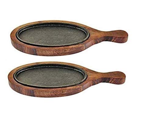 Rudra Exports wood Oval Sizzler Plate with Wooden Base and Handle, Brown Set of 2 (9 inch)
