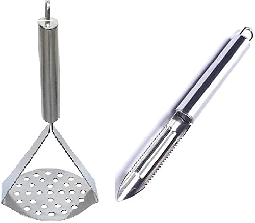 Rudra Exports Stainless Steel Potato Masher Vegetable Crusher Pav Bhaji Masher with Peeler Pack of 2