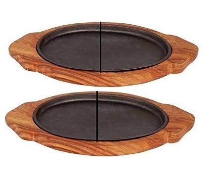 Rudra Exports Oval Shape Cast Iron Sizzler Plate and Wooden Stand (Set of 2)