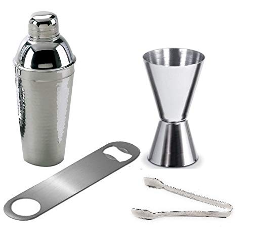 Rudra Exports Stainless Steel Bar Set Combo - Cocktail Shaker,Peg Measure + Opener + Ice Tongs: 4 Pcs Set
