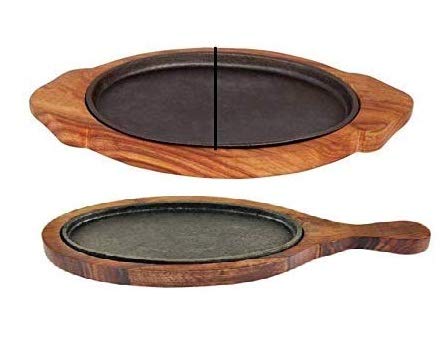 Rudra Exports 9 Inch Oval Sizzler Plate with Wooden Base and Handle, Brown Set of 2 pcs