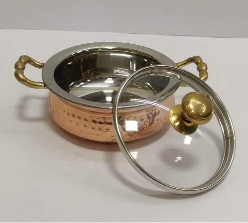 Rudra Exports Steel Copper Handi Bowl with Glass Lid for Serving Dishes Tableware 1800 ml