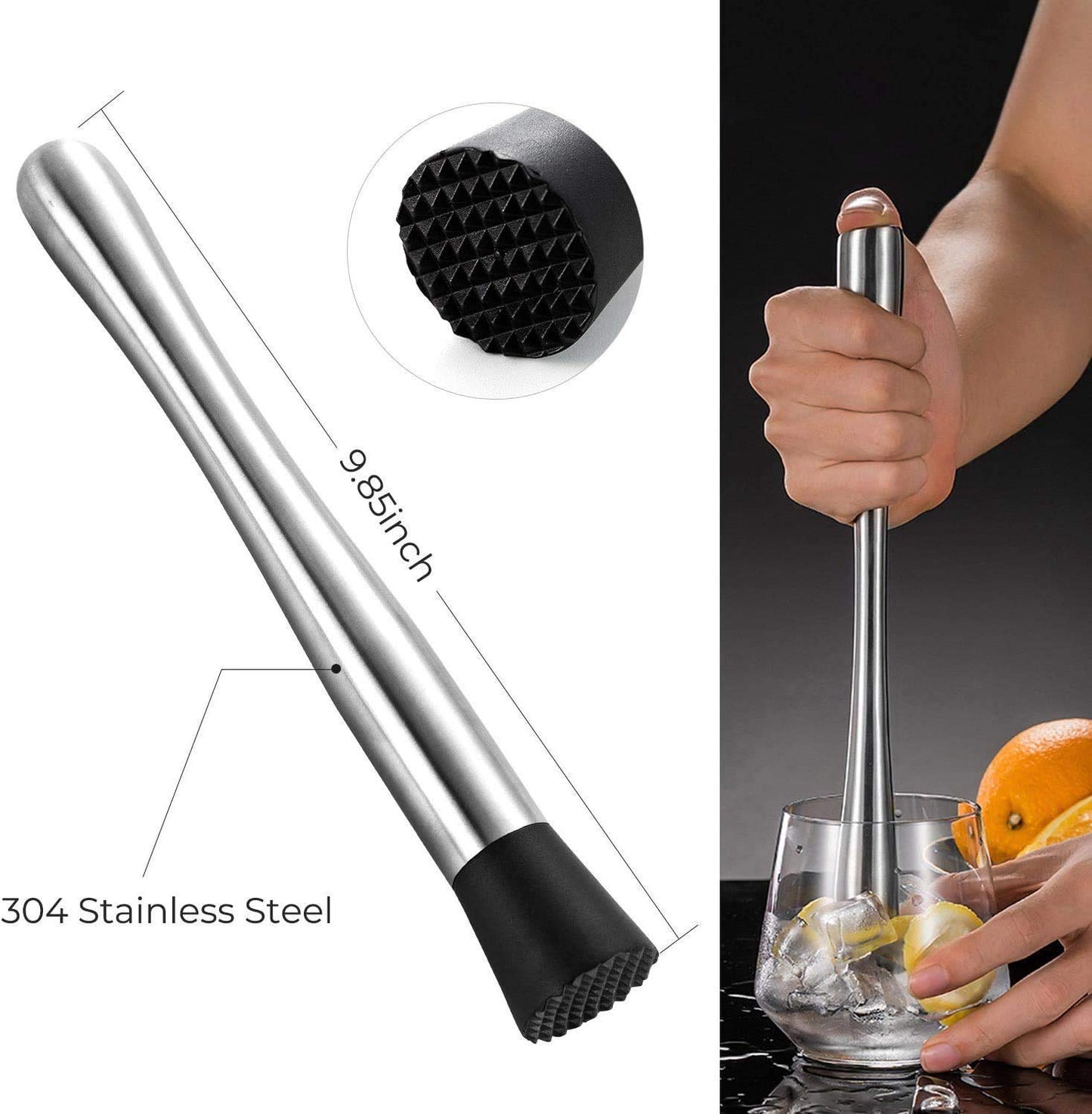 Rudra Exports Stainless Steel Cocktail Muddler Peg Measurer Jigger 30 and 60 ml, Liquor Bottle Pourers Mixing Spoons Ice Tongs 6 Pcs Set