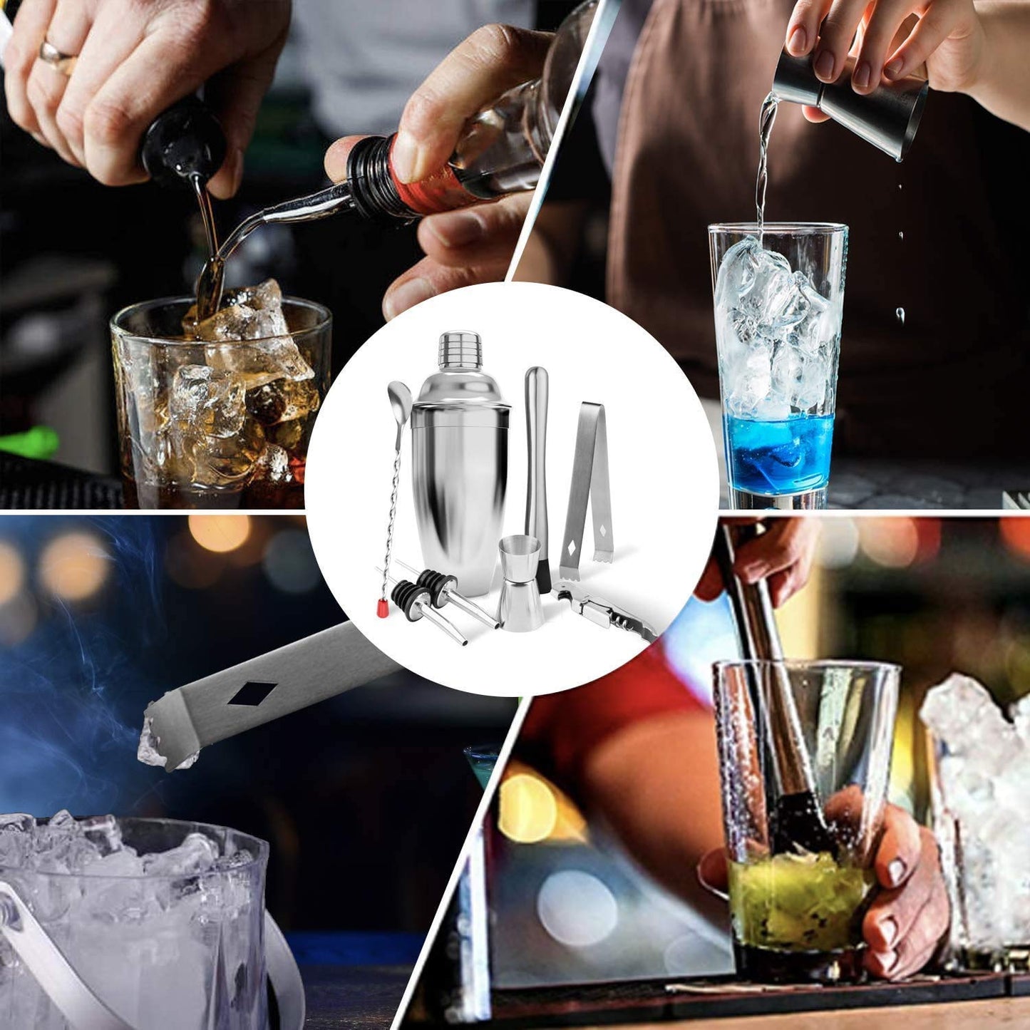 Rudra Exports Cocktail Shaker Set 8 Piece Basic Bartender Kit for Drink Mixing Martini