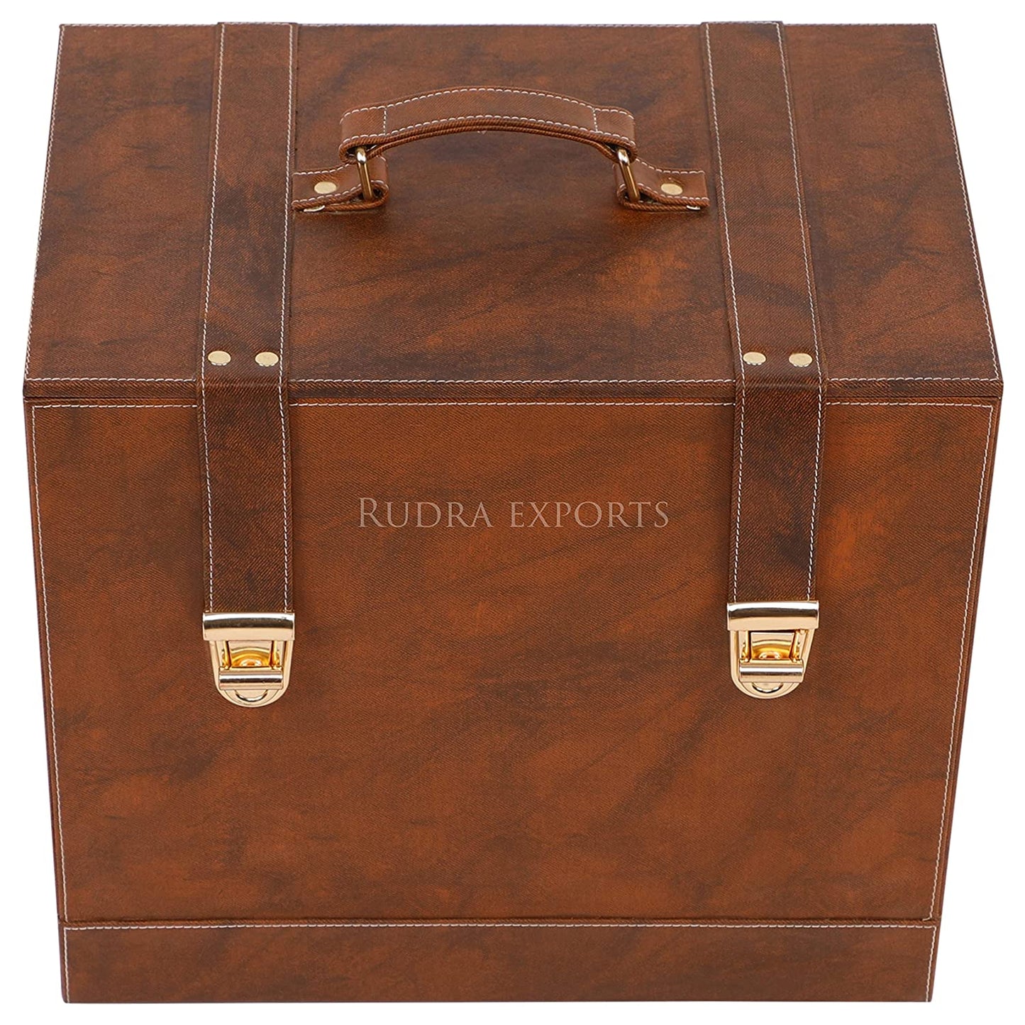 Rudra Exports Leatherette Portable Bar Box with Accessories Set & 4 Whisky Glasses I Travel Bar Set | Portable bar Set I Mini Bar for Home (Brown)
