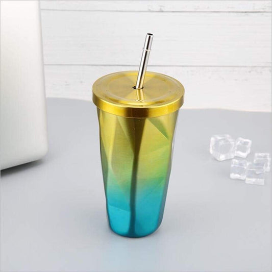 Rudra Exports Double Wall Vacuum Insulated Travel Stainless Steel Flask Tumbler with Steel Straw and Lid 550 Ml (Blue & Golden)