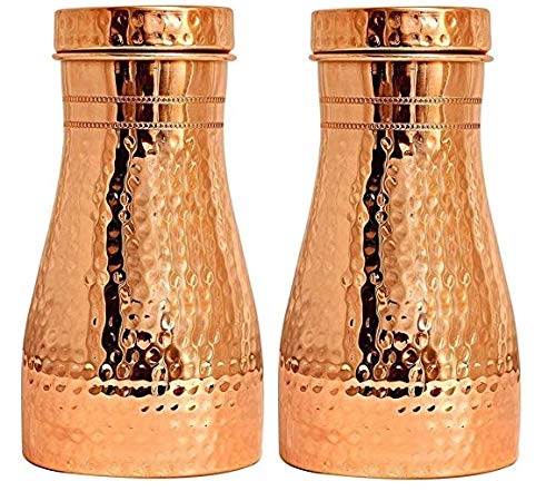 Rudra Exports Hammered  Pure Copper Bedroom Bottle with Inbuilt Glass Copper Water Jug Copper jug with Glass 1100 ML Pack of 2