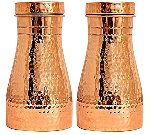Rudra Exports Hammered Pure Copper Bedroom Bottle with Inbuilt Glass Copper Water Jug Copper jug with Glass 1100 ML Pack of 2