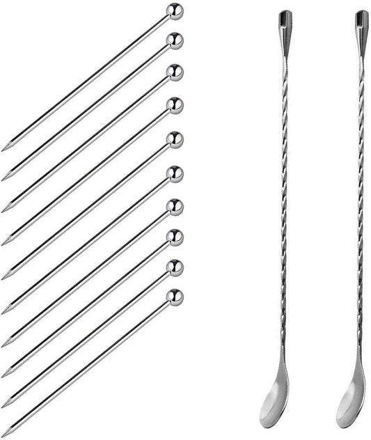 Rudra ExportsCocktail Picks & Teardrop Mixing Spoons, 10 Pieces Cocktail Picks and 2 Pieces Spiral Pattern Bar Cocktail Stirrer Spoon: 12 Pcs