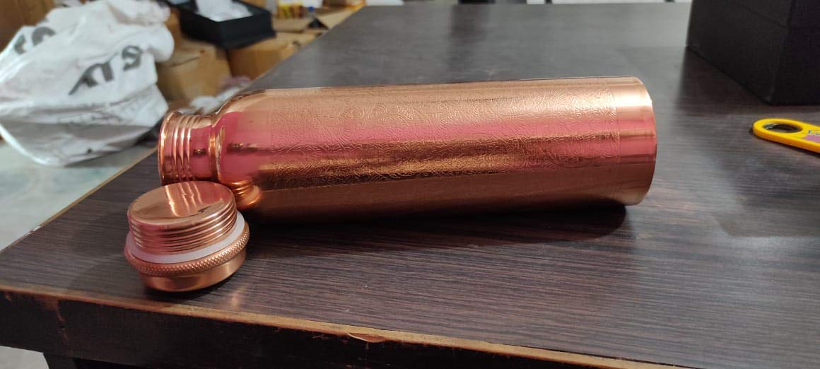 Rudra Exports Engraving Desing Copper Bottle Set with 2 Glasses