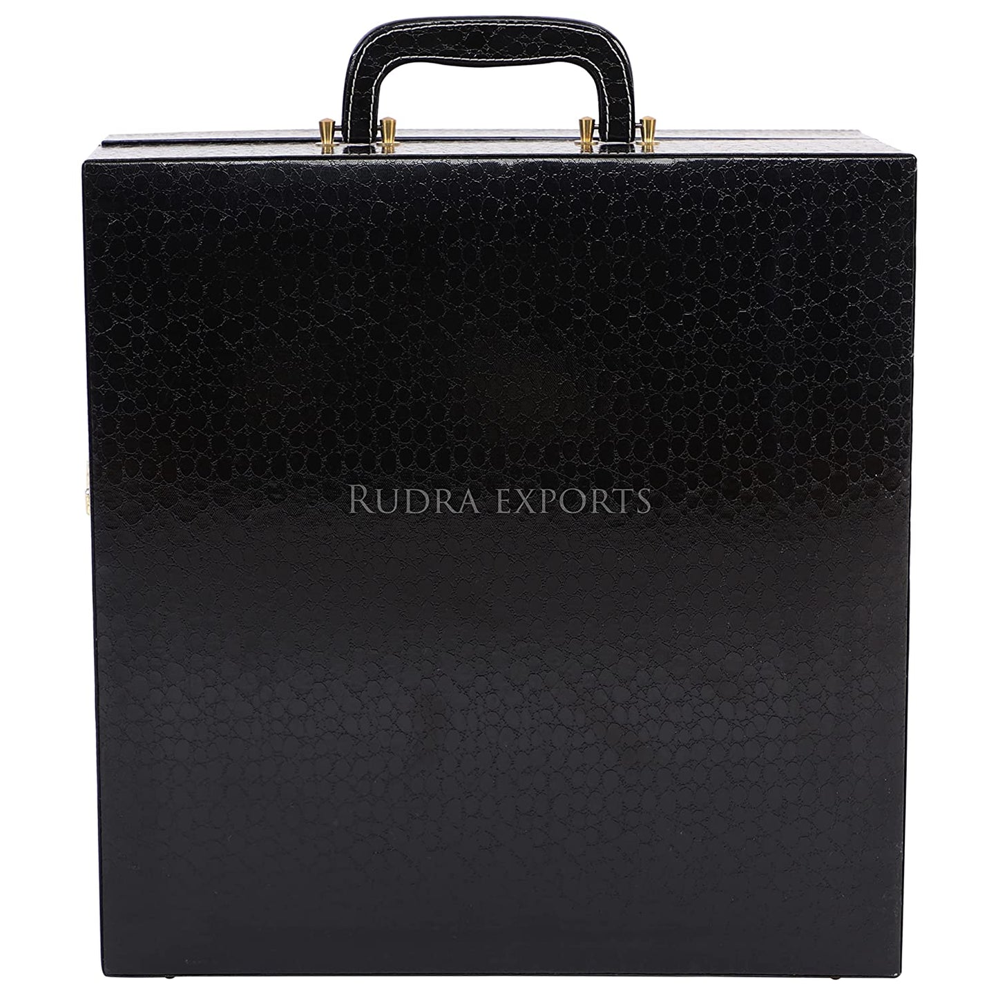 Rudra Exports Portable Leatherette Bar Set | Wine Case |Wooden Bar Set for Picnic | Travel Bar Set (Holds 01 Bottle & 04 Whisky Glasses) Black