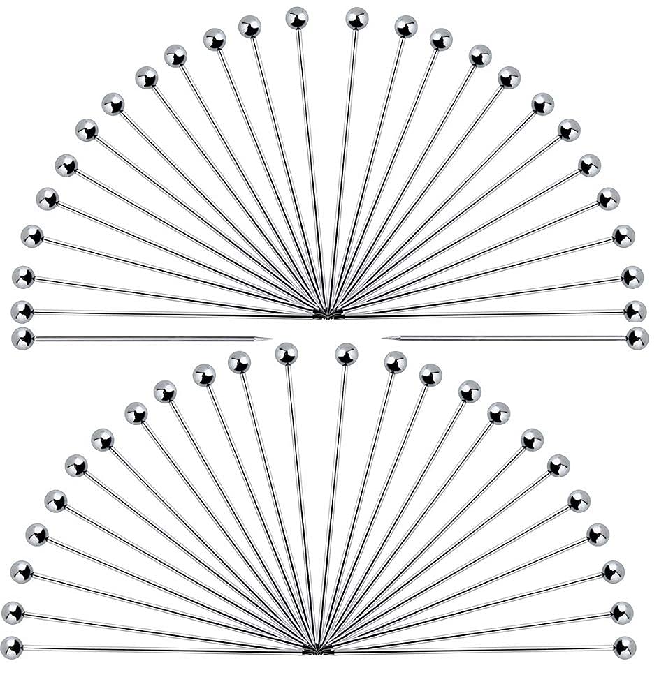 Rudra Exports Cocktail Picks 304 Stainless Steel Martini Olive Skewers Reusable Sticks Toothpicks Fruit Stick - 4.3 Inches, 50 Pcs (Small Ball)