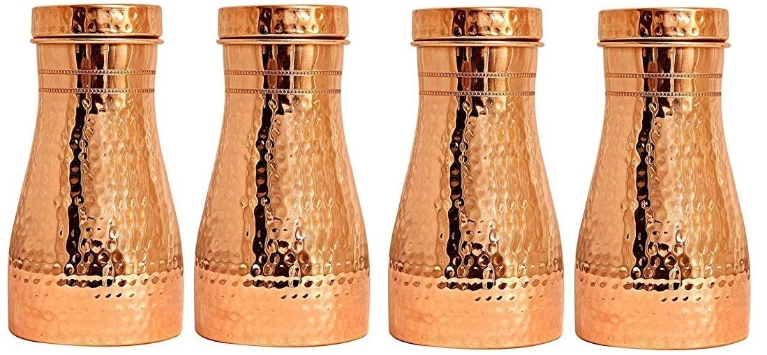 Rudra Exports Hammered Pure Copper Bedroom Bottle with Inbuilt Glass Copper Vessel for Drinking Water (Pack of 4)
