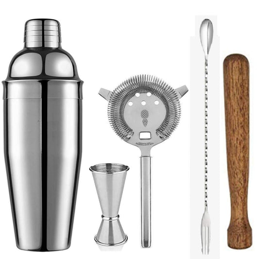 Rudra Exports Cocktail 5 pcs Set Cocktail Shaker, peg Measure, Strainer, Cocktail Spoon,Fork Spoon