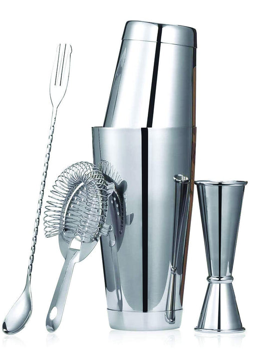 Stainless Steel Cocktail, Martini, Drink, Boston Shaker Double Measuring Jigger, Mixing Spoon Bartender Kit - Set 6 Piece