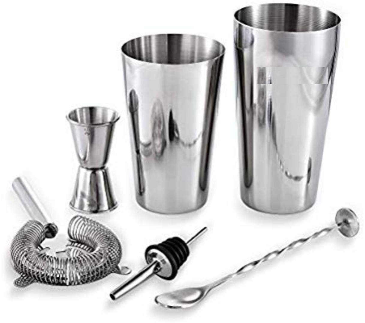 Rudra Exports  Stainless Steel Cocktail, Martini, Drink, Boston Shaker Double Measuring Jigger, Mixing Spoon Bartender Kit - Set 6 Piece