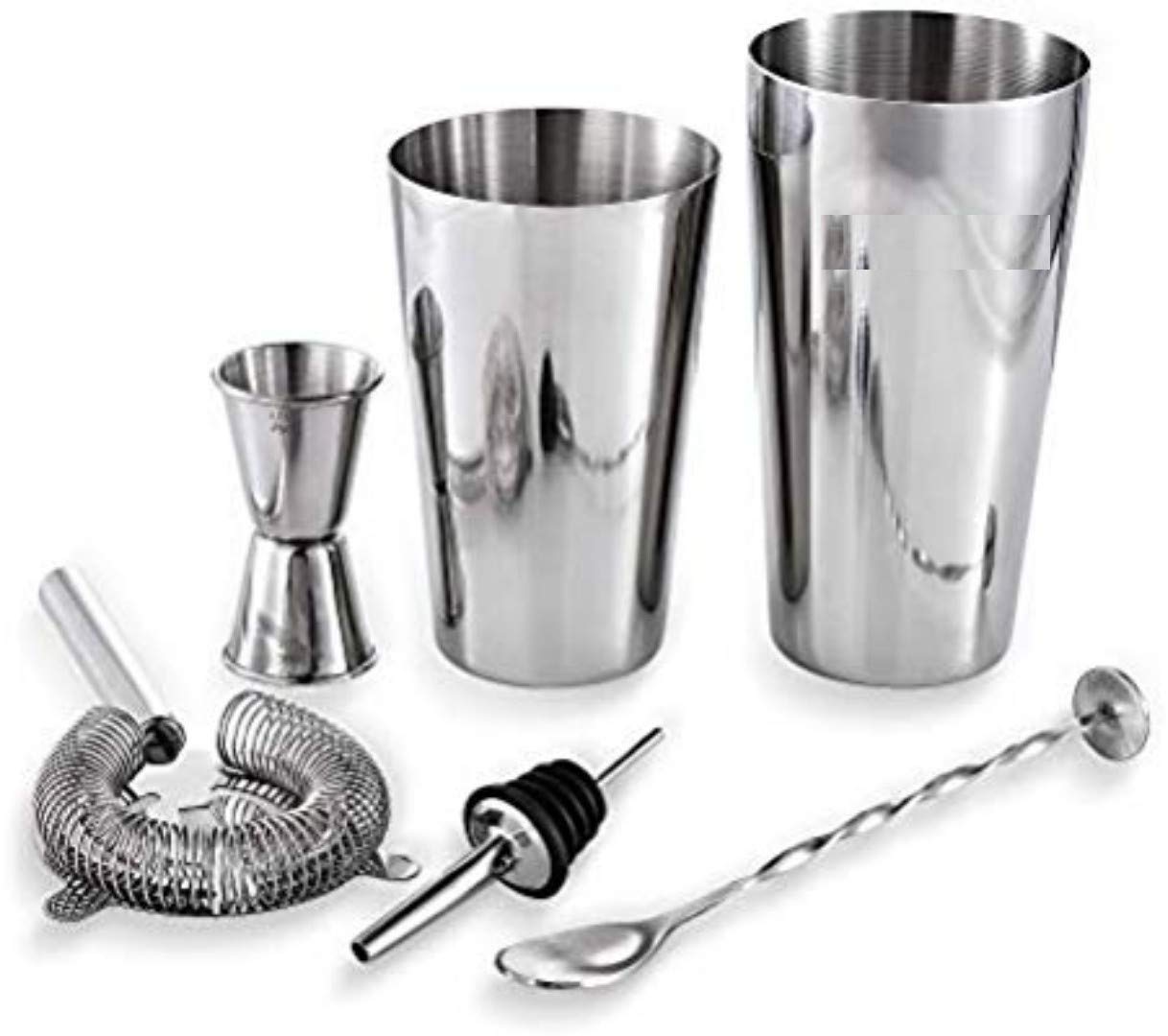 Rudra Exports Stainless Steel Cocktail, Martini, Drink, Boston Shaker Double Measuring Jigger, Mixing Spoon Bartender Kit - Set 6 Piece