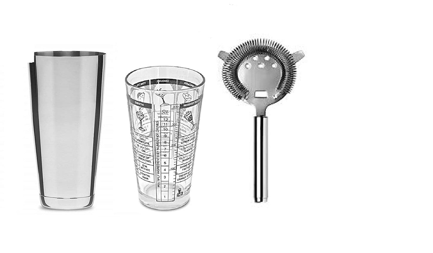 Rudra Exports Premium Cocktail Shaker Set with Detailed Size Scale and 7 Cocktail Recipes Made of 304 Stainless Steel Thick Glass Bar Cocktail Shaker Kit Home Martini Drink Mixer Set of3 Pcs