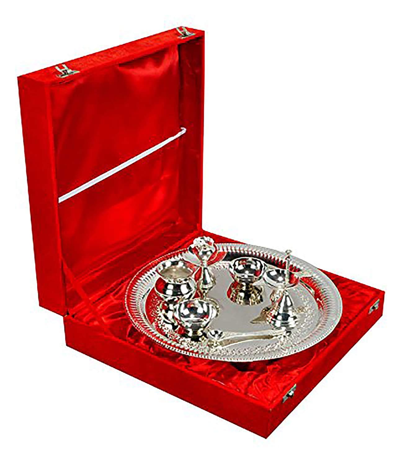 Rudra Exports Silver Pooja Aarti Thali with Gift Box (Size 23.6 X 23.6 X 6.3 cm) (Silver)