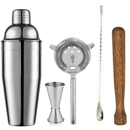 Rudra Exports Cocktail 5 pcs Set Cocktail Shaker, peg Measure, Strainer, Cocktail Spoon, Teardrop