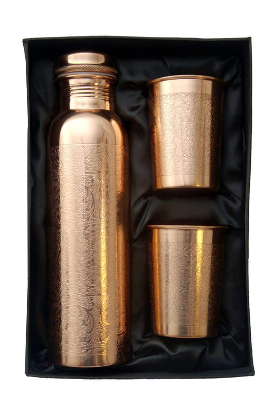 Rudra Exports Engraving Desing Copper Bottle Set with 2 Glasses