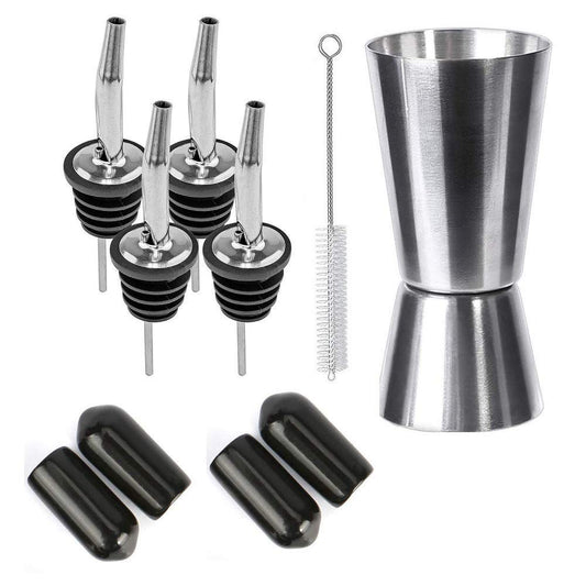 Rudra Exports WinePourer  Olive Oil, Pouring Spouts for Liquor for Bar : Pack of 4 (with Black PVC Caps) + 1 PC Peg Measure + 1 Cleaning Brush