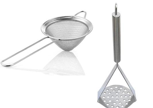 Rudra Exports Stainless Steel Potato Crusher Vegetable Masher and Stainless Steel Fine Mesh Strainer