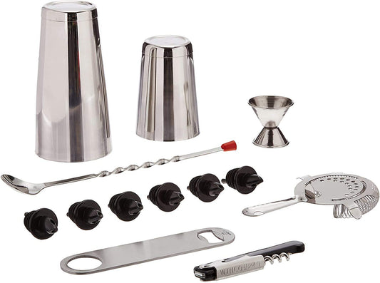 Rudra Exports Bar Set, Professional Bartender Set- Boston Shaker, Jigger, Strainer, Cork Opener, Bottle Opener, Pourer, Bar Stirrer: 13 Pcs Set