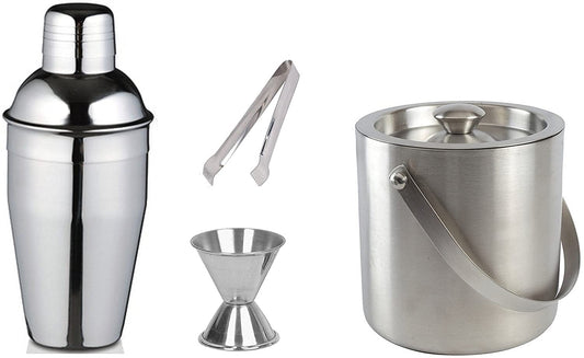 Rudra Exports 4 Piece Bar Set (Large) - Cocktail Shaker, Ice Tong, Ice Bucket and Peg Measure