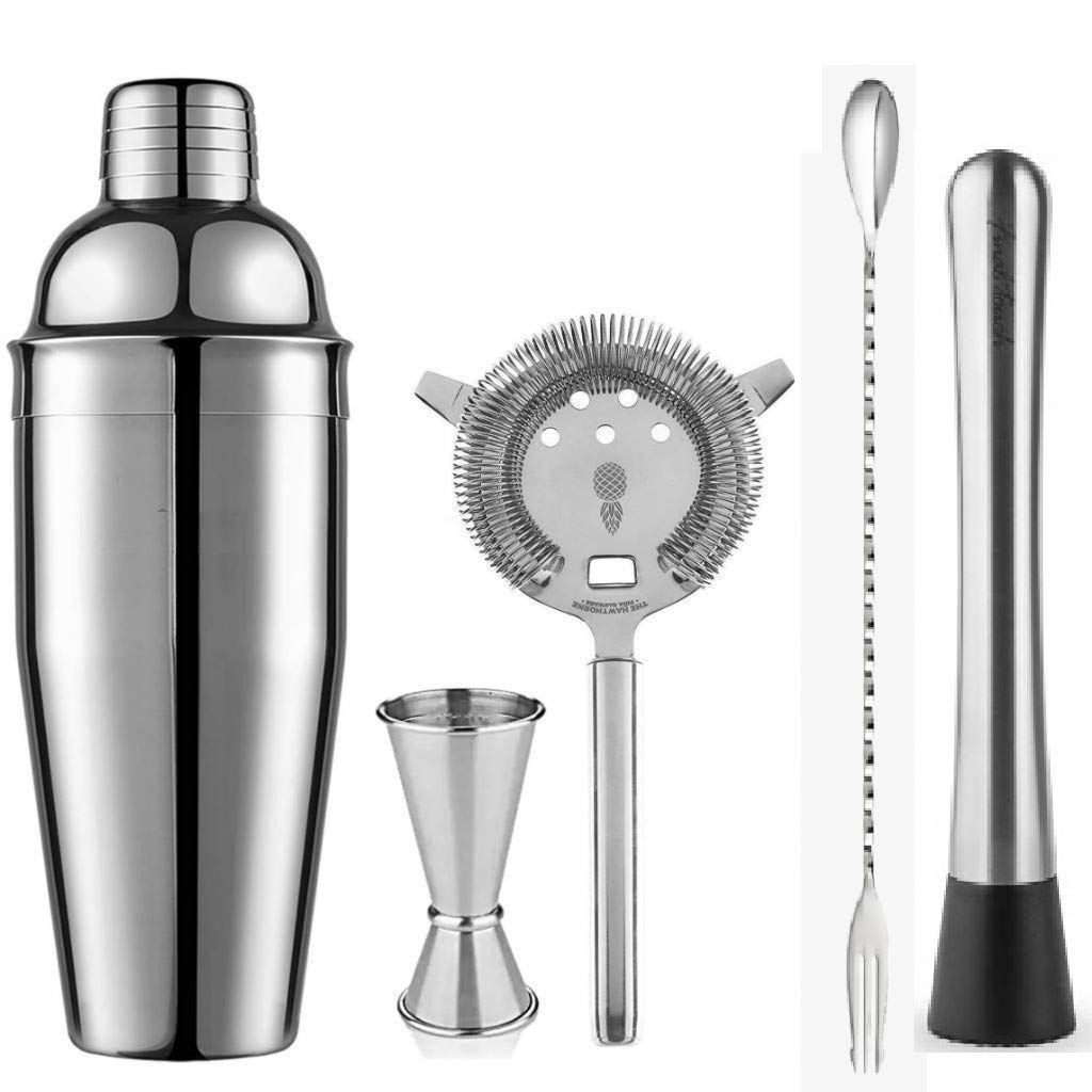 Rudra Exports Cocktail 5 pcs Set Cocktail Shaker, peg Measure, Straine