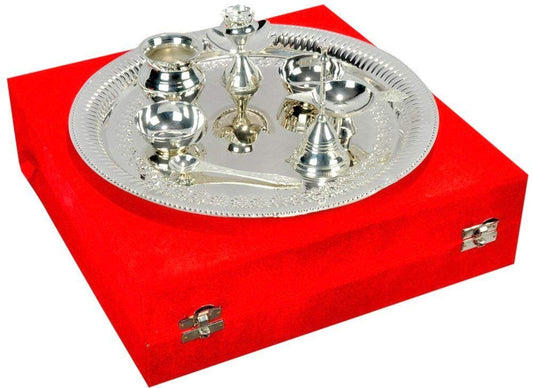 Rudra Exports Silver Pooja Aarti Thali with Gift Box (Size 23.6 X 23.6 X 6.3 cm) (Silver)